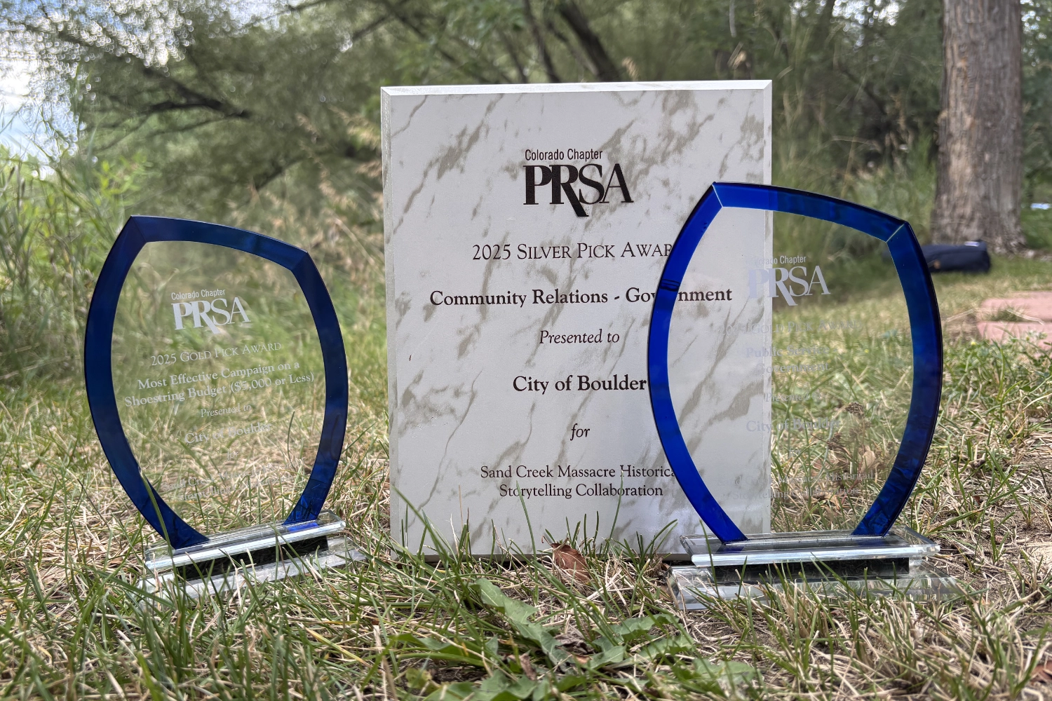 Colorado PRSA Gold and Silver Pick Awards presented to the City of Boulder for the Sand Creek Massacre Historical Storytelling Collaboration.